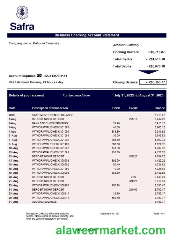 Banco Safra business statement Word and PDF template